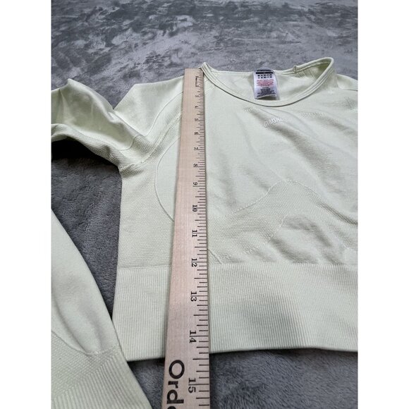 Gymshark Crop Top Women Medium Yellow Seamless Long Sleeve Thumb Holes Workout - Picture 5 of 9